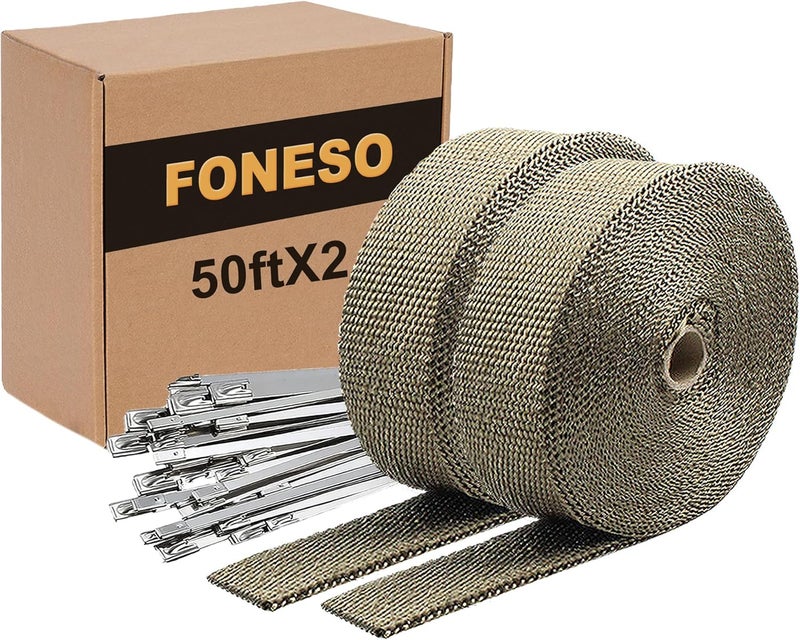Foneso Exhaust Heat Wrap, 2in x 50ft 2 Rolls Titanium Exhaust Muffler Tape Fiberglass Heat Shield Header Wrap for Car Motorcycle Pipes with 24 Pcs Stainless Steel Ties - Image 1